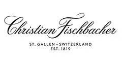 Logo für Christian Fischbacher mit eleganter kursiver Schrift. Darunter steht der Text ST. GALLEN-SCHWEIZ EST. 1819 in serifenlosen Großbuchstaben auf weißem Hintergrund.