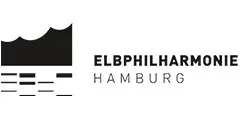 Schwarzes Logo der Elbphilharmonie Hamburg mit einer stilisierten Silhouette des Konzerthauses auf der linken Seite und dem Schriftzug ELBPHILHARMONIE HAMBURG in fetten Großbuchstaben auf der rechten Seite.