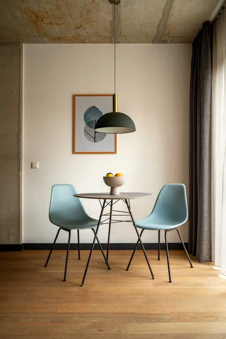 Ein kleiner runder Tisch mit einer Schale Zitronen steht zwischen zwei hellblauen Stühlen. Darüber befindet sich eine moderne Hängelampe, und an der Wand hängt ein gerahmtes abstraktes Kunstwerk. Der Raum hat einen Holzboden und ein großes Fenster mit Vorhängen.