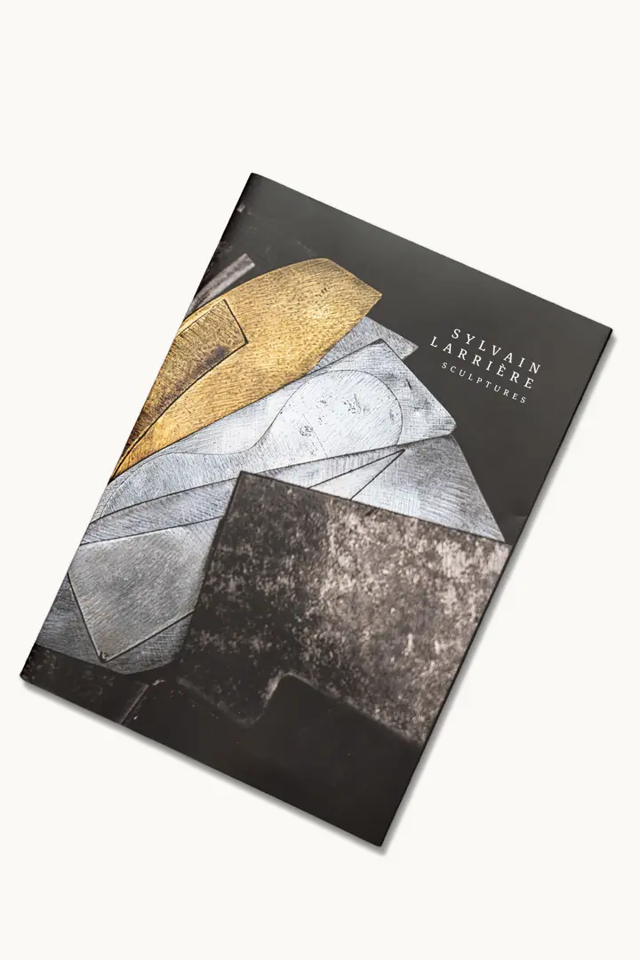 Ein Katalog mit dem Titel Sylvain Larière Sculptures zeigt auf seinem Umschlag abstrakte, geometrische Formen in Metalltönen, die vor einem dunklen Hintergrund angeordnet sind.
