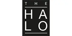 Schwarzes rechteckiges Logo mit dem Schriftzug THE HALO in fetten weißen Großbuchstaben, angeordnet in zwei Reihen: THE oben und HALO senkrecht darunter, mit Linien über und unter THE.