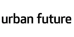 Schwarzer verpixelter Text auf weißem Hintergrund: "Urban Future" in einer blockhaften, digitalen Schriftart.